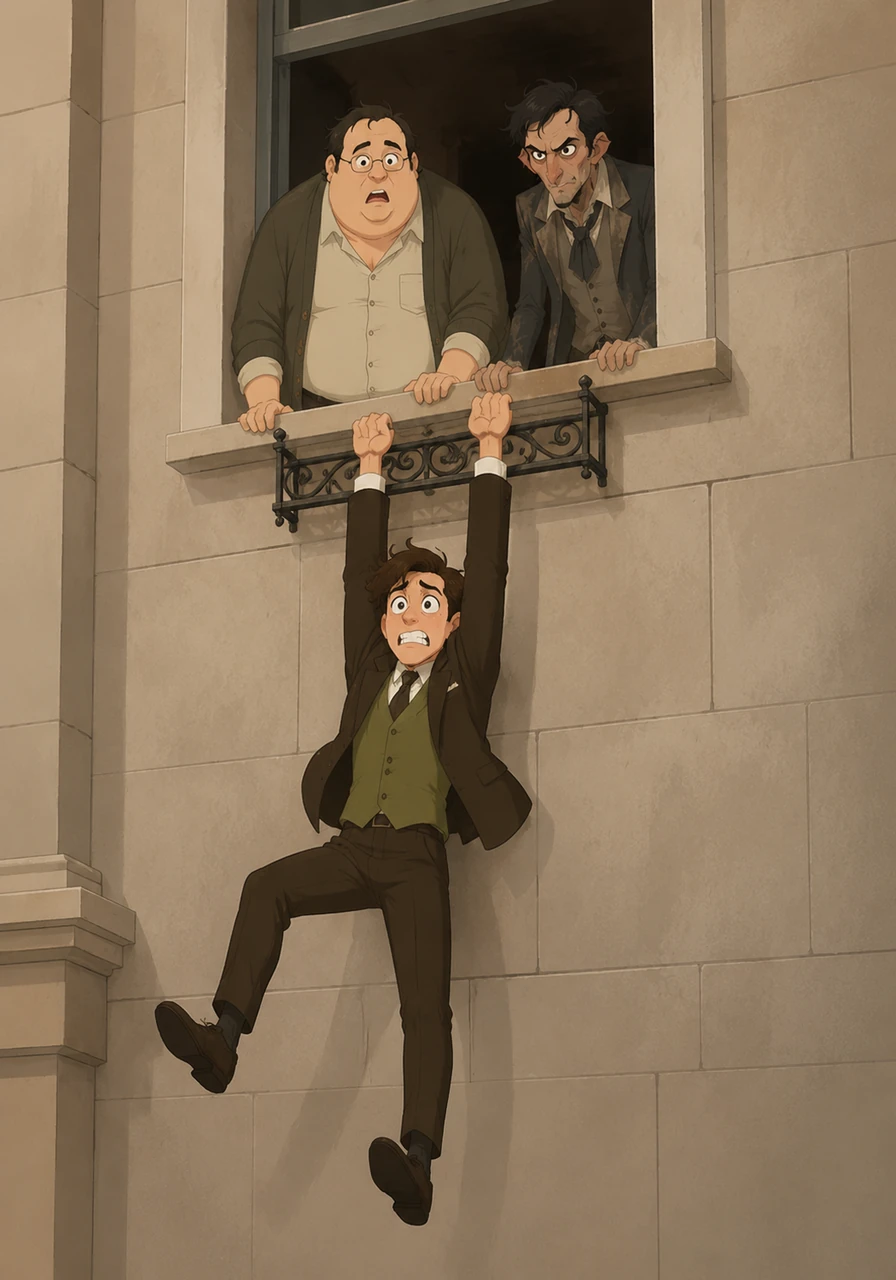 Max is desperately clinging to a tiny, decorative iron railing that he managed to catch just inches below the window frame. He hangs there precariously, his legs kicking at the empty air while he tries to find his footing on the smooth wall.