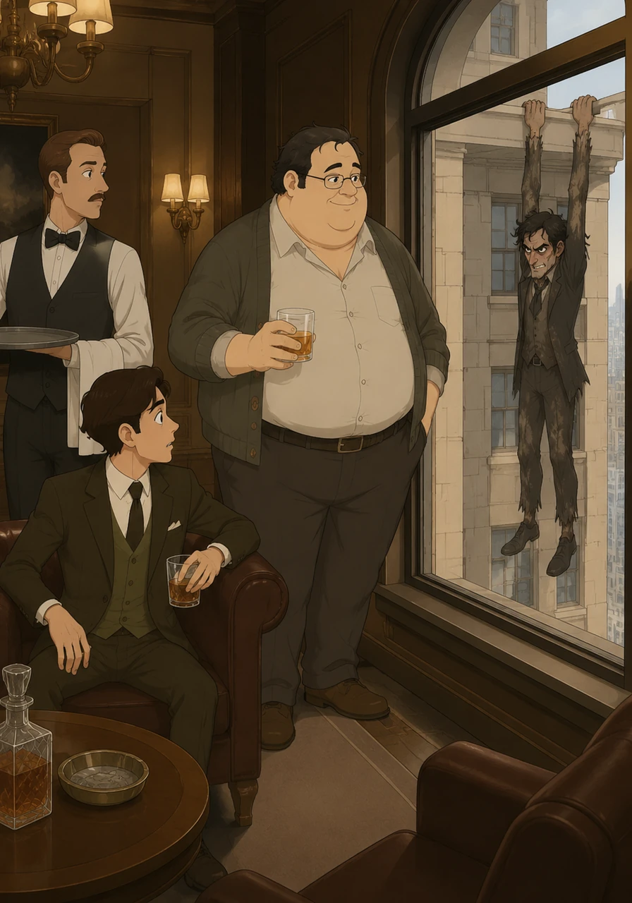 Ausable takes his drink from the waiter and walks to the window, looking down at his dangling rival with a polite smile. He suggests that Max should stay there for a while to enjoy the view while they finish their refreshments in peace.