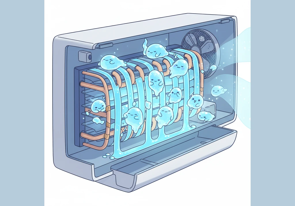 小冷其实是一种神奇的液体精灵，他们静静地躺在空调室内机的管道里。当空调开启，风扇转动，屋子里的热空气就被吸了进来，像厚厚的毛毯一样包围了管道。