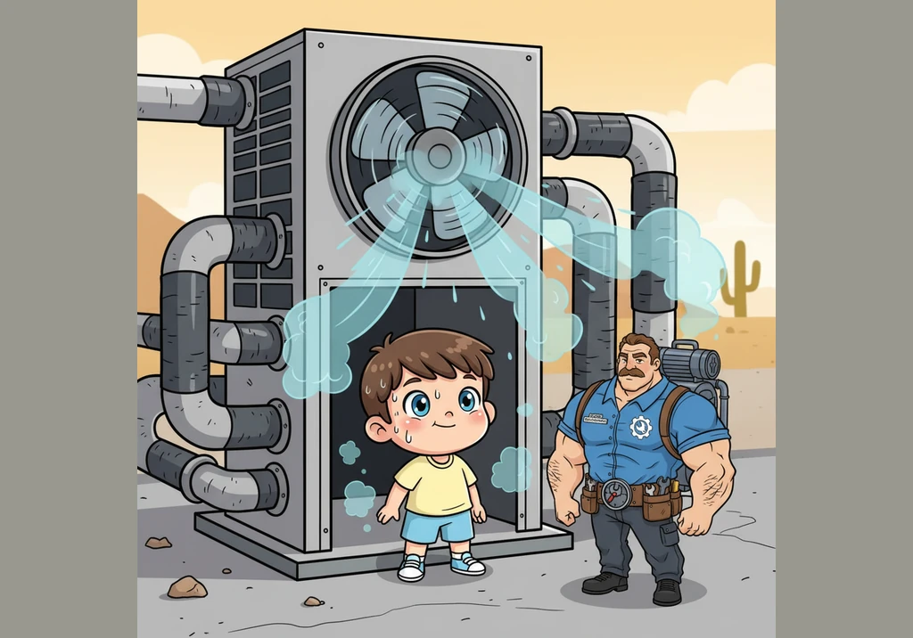 浑身发烫的小冷来到了室外的机器里，这里的管道弯弯曲曲，像迷宫一样。室外机的大风扇呼呼地转着，对着管道不停地吹风，准备帮小冷把身上的热量“卸货”。