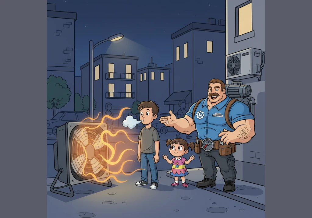 小冷把从屋里带出来的热量，全部吐给了室外的空气。风扇把这些热气排到了大街上，这就是为什么我们路过空调室外机时，总能感觉到一阵阵热风吹来的原因。