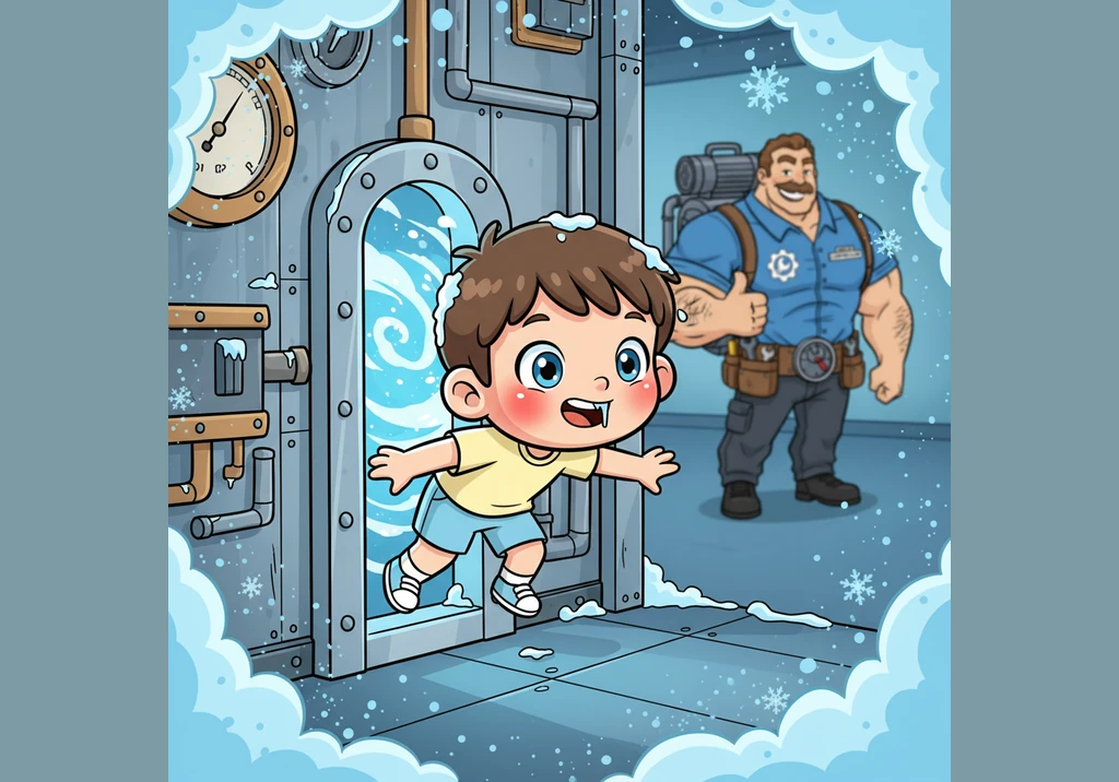 接着，小冷钻进了一个窄窄的小门，那是神奇的节流阀。挤过这扇门后，压力突然消失，小冷瞬间变得像冰块一样寒冷，重新充满了制冷的魔力，准备再次出发。