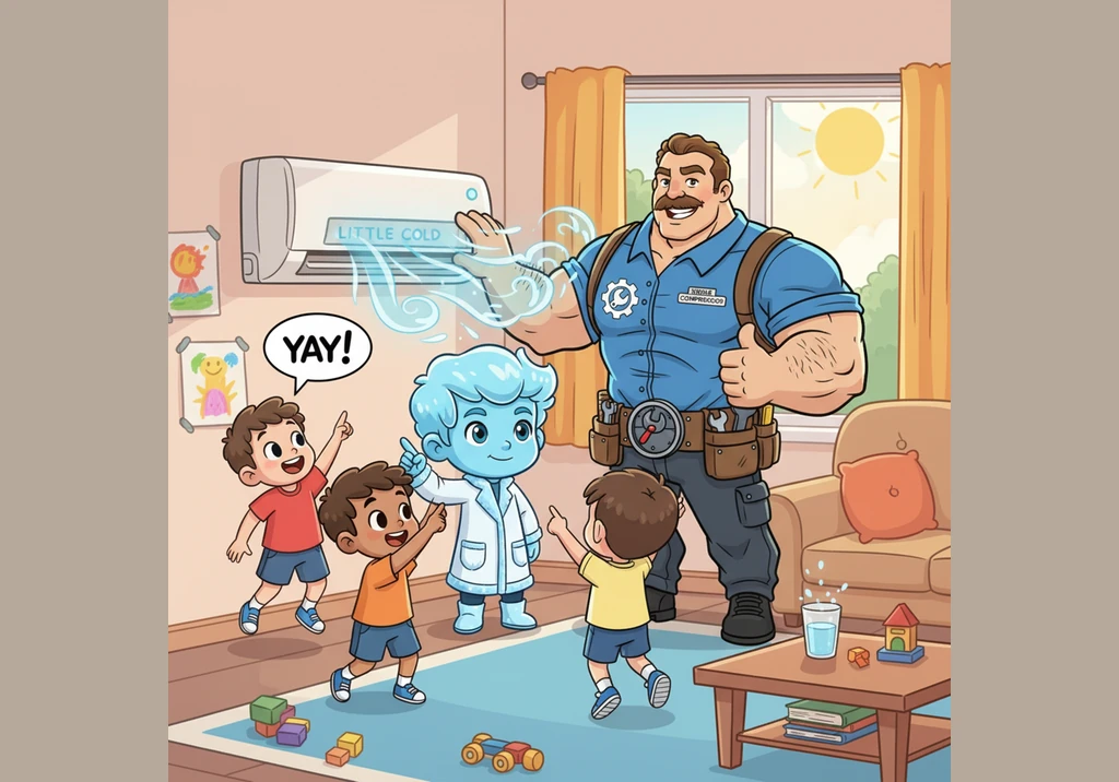 冰凉的小冷顺着管道又回到了室内的机器中，准备开始下一轮的吸热旅行。就这样循环往复，屋子里变得越来越凉快，豆豆开心地在清凉的房间里玩起了积木。