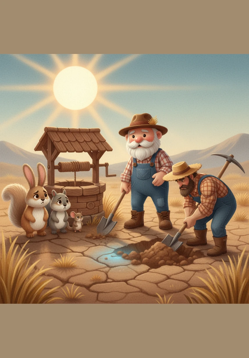 A relentless sun beats down on a valley where the earth has cracked into a thousand thirsty pieces. Two neighbors, Thomas and Silas, stand at the edge of their barren fields, looking up at a cloudless, shimmering blue sky.