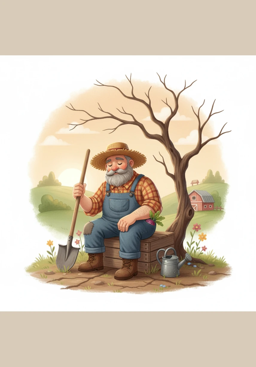 Silas watches from the shade of a withered tree, resting his hands and waiting for a sign. He believes that since he has asked for help, he only needs to wait for the rain to arrive on its own.