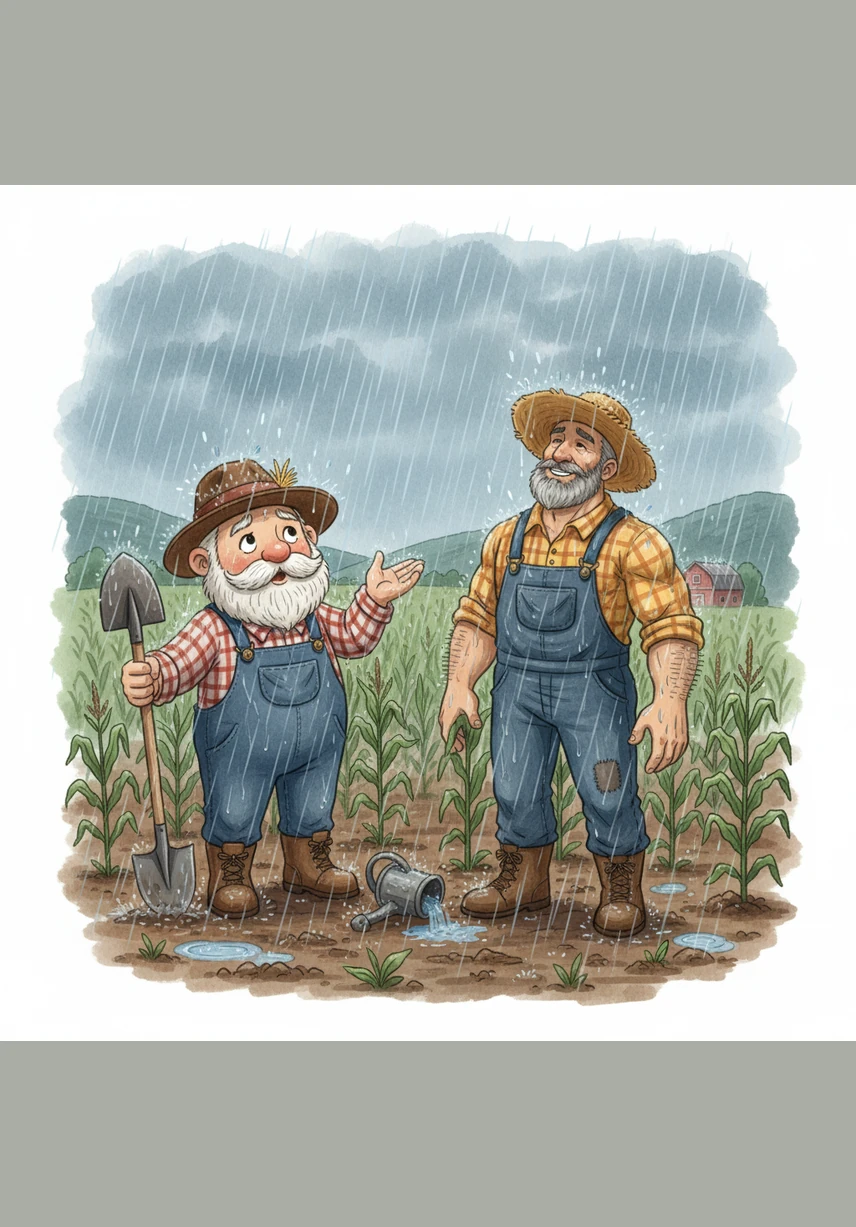 The sky finally breaks open, pouring a life-giving deluge onto the thirsty world. Both men stand in the downpour, soaking wet and laughing with relief as the water fills the cracks in the ground.