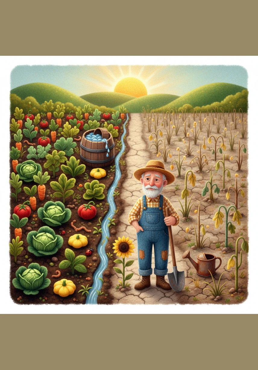 As the sun returns, vibrant green shoots begin to poke through the soil in Thomas’s field, growing taller and stronger every day. In Silas’s field, the water only creates puddles on the hard, unworked ground where nothing has been sown.