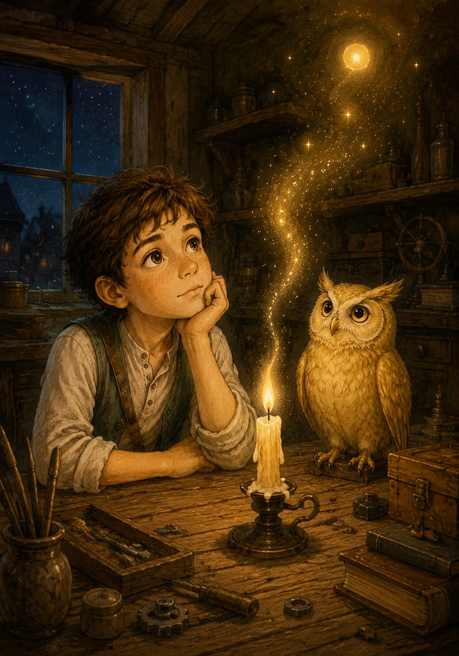 Young Leo sat in his workshop, watching a flickering candle slowly vanish into the night air. He wondered if the light simply died or if it traveled to a secret place where old sparks go to rest.