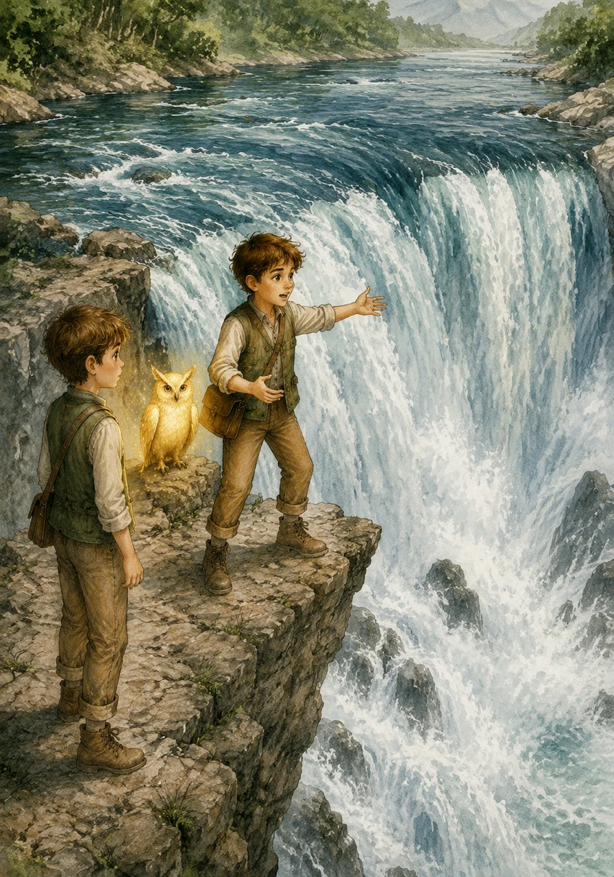 They walked to the edge of a roaring waterfall, where the heavy, still water at the top turned into a crashing force at the bottom. Aris explained that the water's hidden strength was waking up, changing from a quiet promise into a loud, moving reality.
