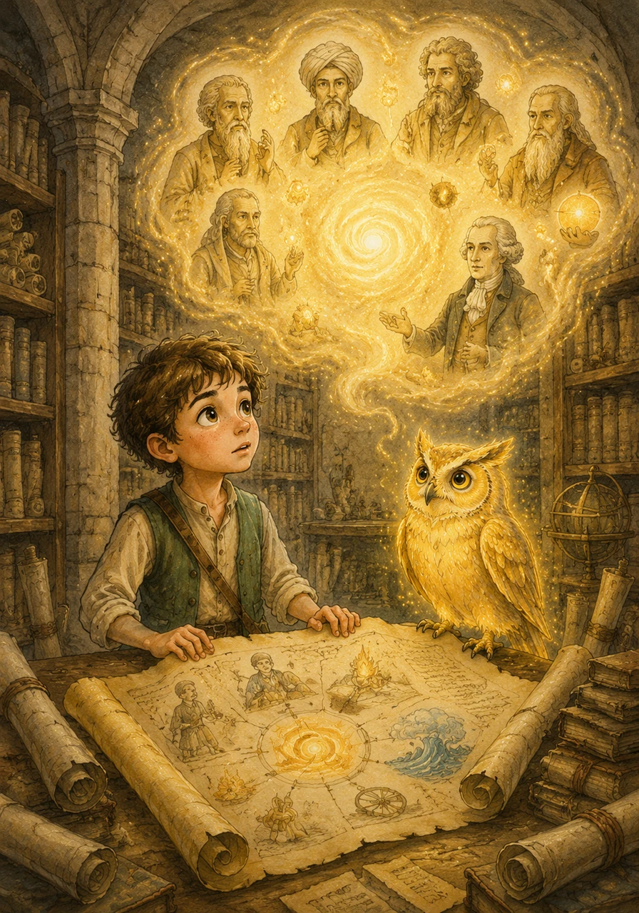 Aris led Leo to an ancient library where scrolls told of the Great Thinkers who discovered this secret long ago. They learned that energy is like a master of disguise, constantly swapping its mask but always keeping its soul.