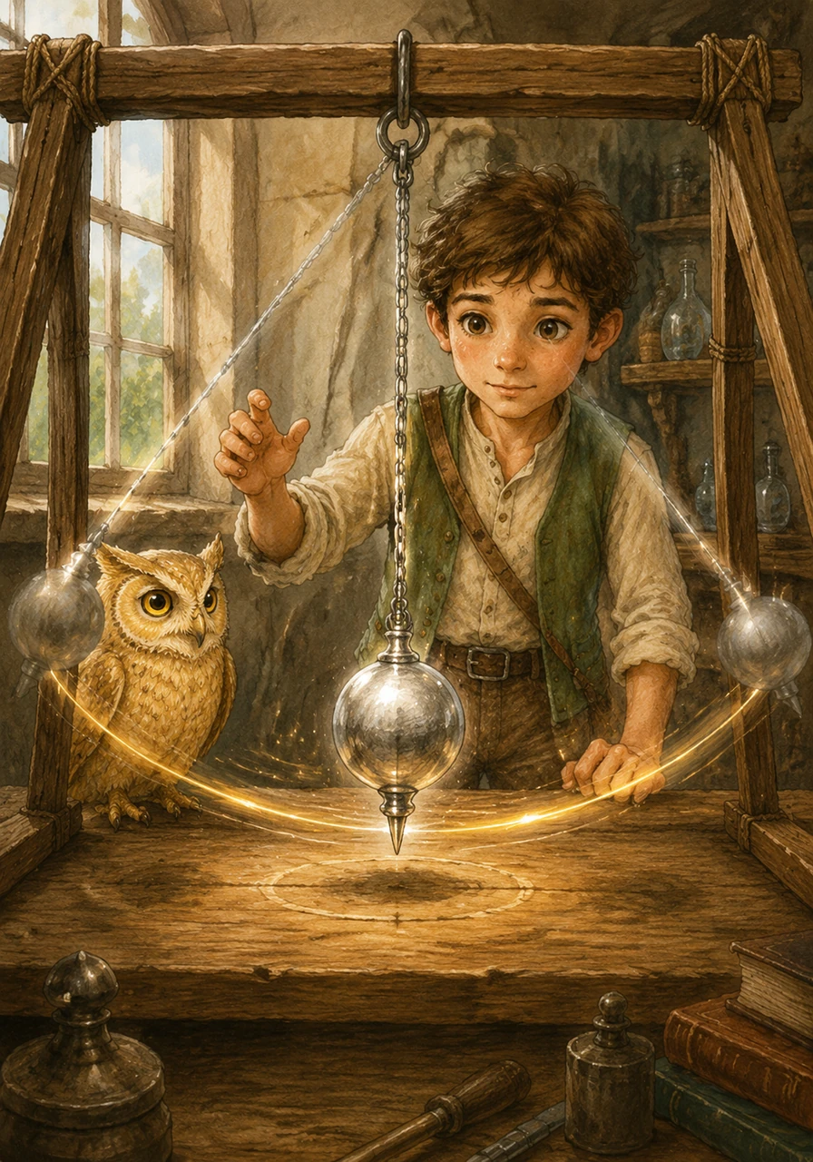 To prove the law, Leo set a heavy silver pendulum into motion, watching it swing back and forth with perfect rhythm. No matter how many times it moved, the energy stayed the same, trading height for speed and speed for height in a perfect loop.