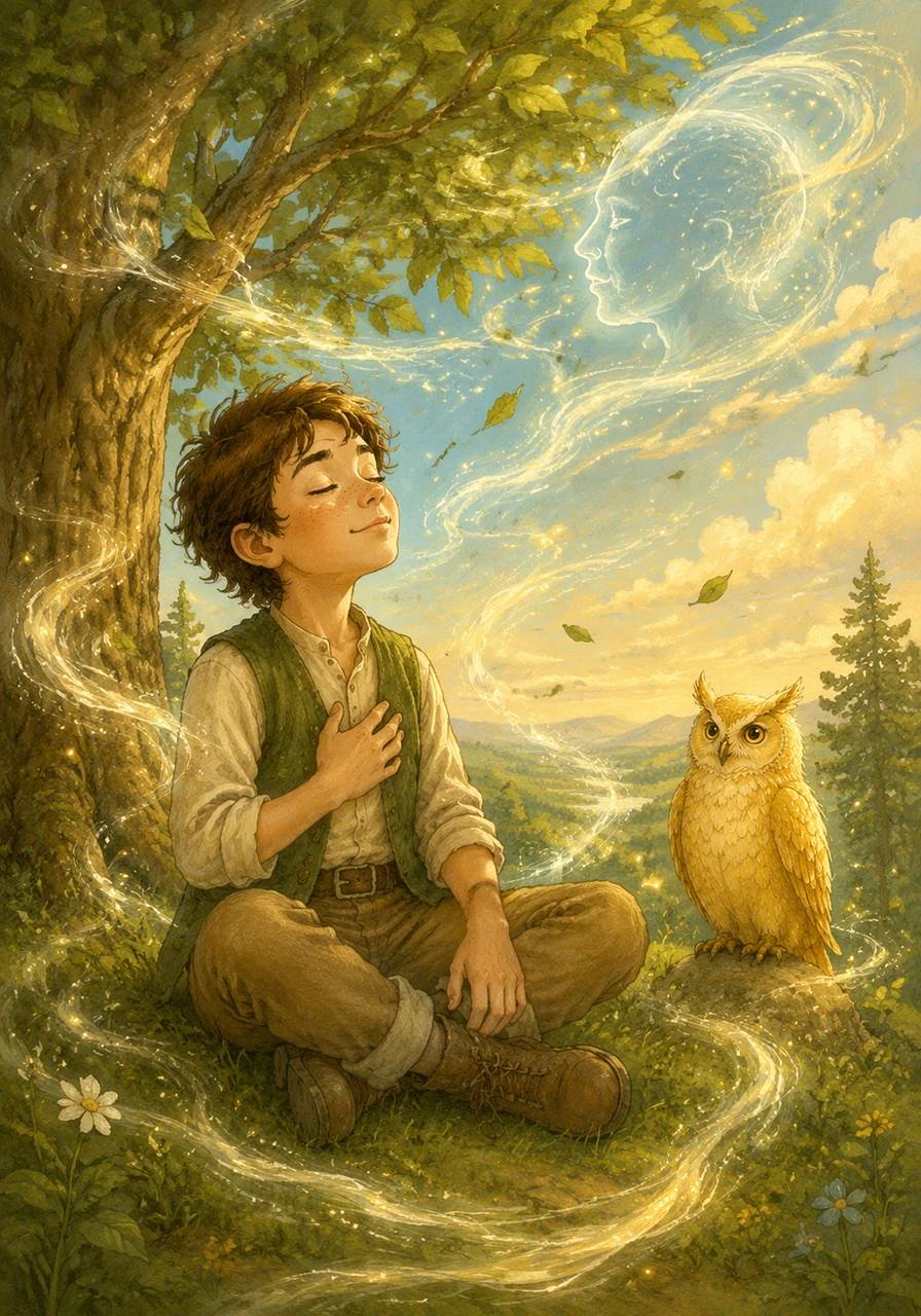 Leo realized that even his own breath and thoughts were part of this eternal cycle, connecting him to the wind and the trees. He felt a deep sense of peace knowing that he was a vital part of a world that never truly runs out of magic.