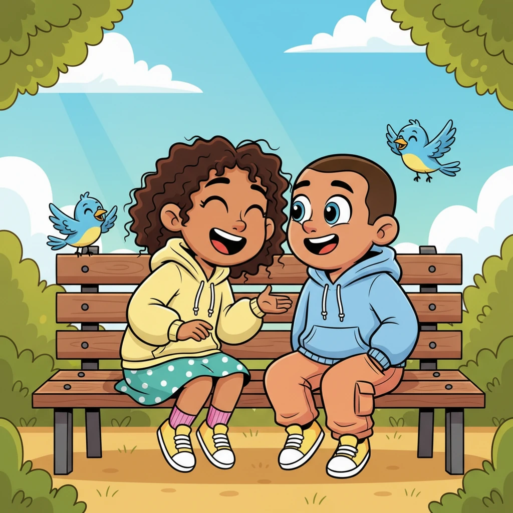 Lena and Daniel, bathed in warm, golden light, share a genuine laugh on a park bench. Daniel leans in, listening intently as Lena speaks, their connection vibrant and effortless. Small, cheerful birds flutter around them, symbolizing their simple, unforced love.