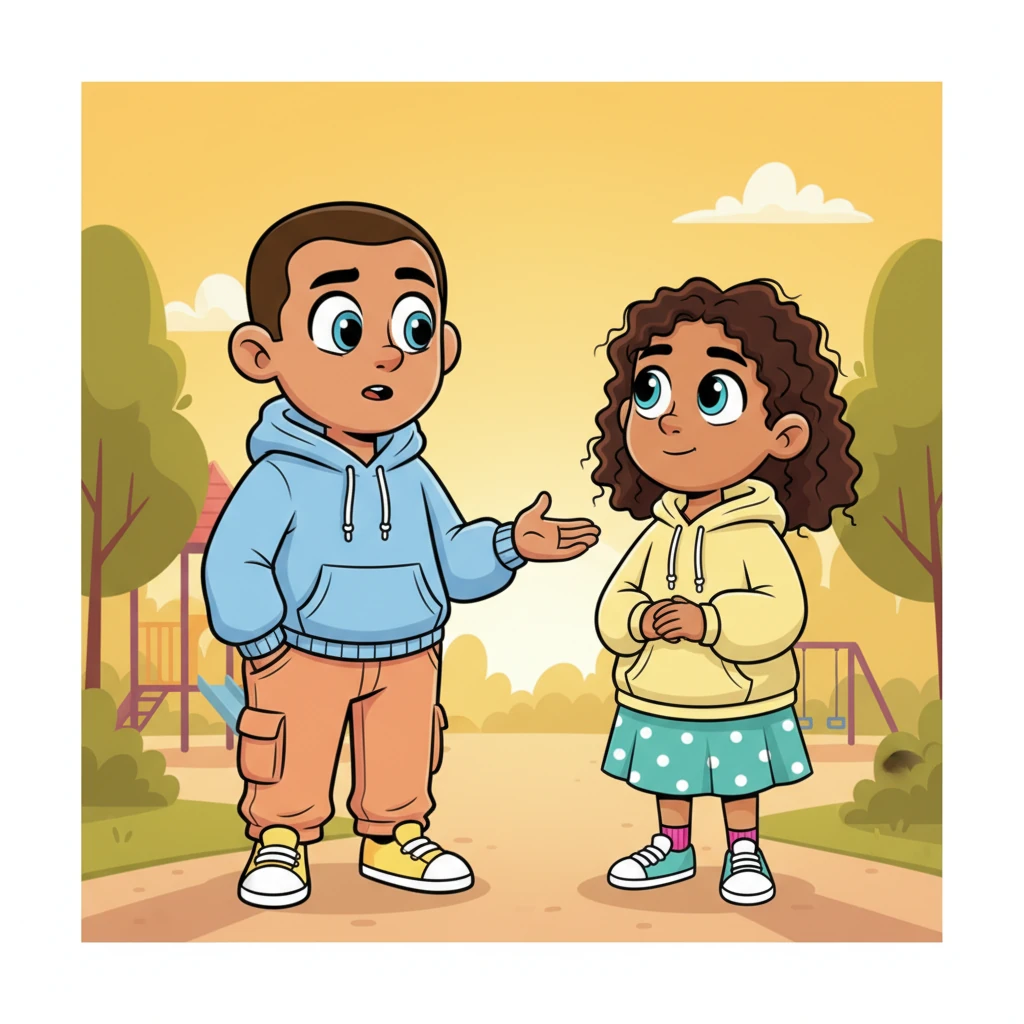 One evening, Daniel, with a kind, open expression, tells Lena about Amara, a sad friend in need of support. Lena stands beside him, her face showing understanding and trust, with no hint of doubt. The sun is still bright, but a tiny, almost invisible cloud drifts into the corner of the sky.