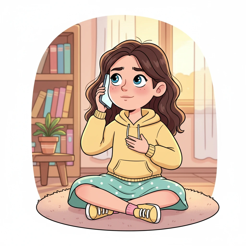 Lena sits cross-legged, holding her phone to her ear, a look of deep empathy on her face. Her other hand rests gently over her heart, offering silent comfort as she listens to Amara's fragile voice. The scene feels warm, filled with Lena's compassionate spirit.