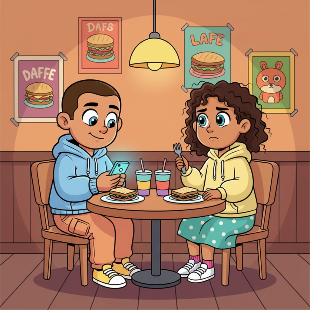Lena and Daniel are sharing a meal at a cozy cafe, but Daniel's attention is subtly drawn to his phone, which glows with a soft light. Lena watches him, a tiny, curious frown creasing her brow, as if sensing a shift she can't quite name. The colors around them are still cheerful, but a hint of purple starts to creep into the shadows.