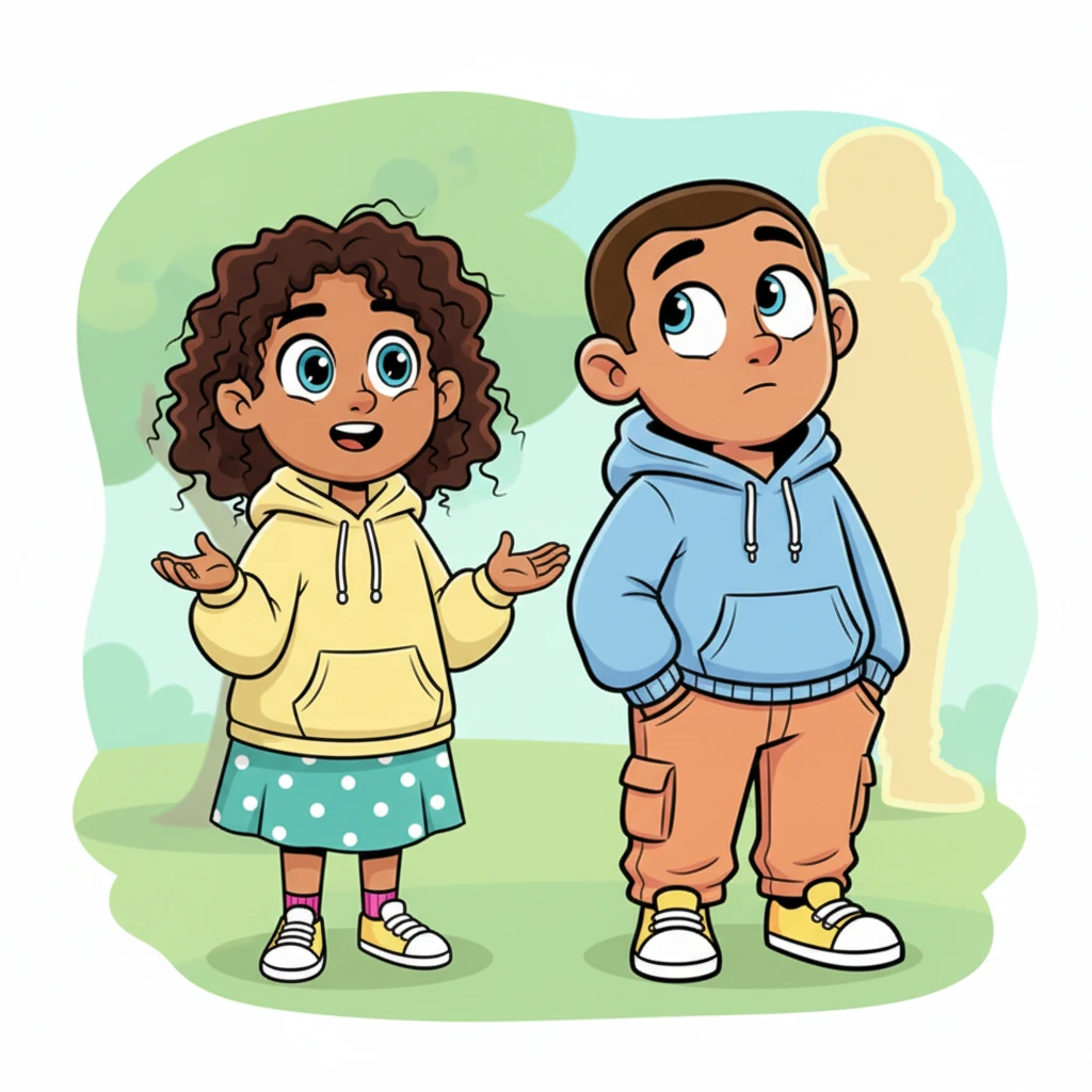 Lena tries to engage Daniel in conversation, her hands gesturing expressively, but he seems distracted, his gaze distant. A faint, glowing silhouette of another person subtly appears in the background, drawing Daniel's focus away. Lena's vibrant colors seem a little less bright compared to Daniel's distracted aura.