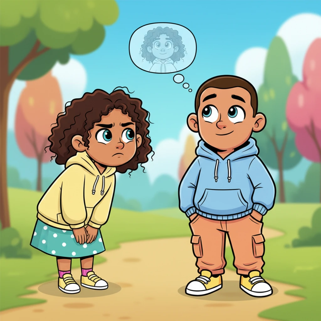 Lena gently asks Daniel a question, her expression earnest and seeking. Daniel offers a reassuring smile, but his eyes flicker away for a moment, and a small, almost transparent thought bubble above his head shows a fleeting image of Amara. Lena looks confused, her brow furrowed with a mix of trust and uncertainty.