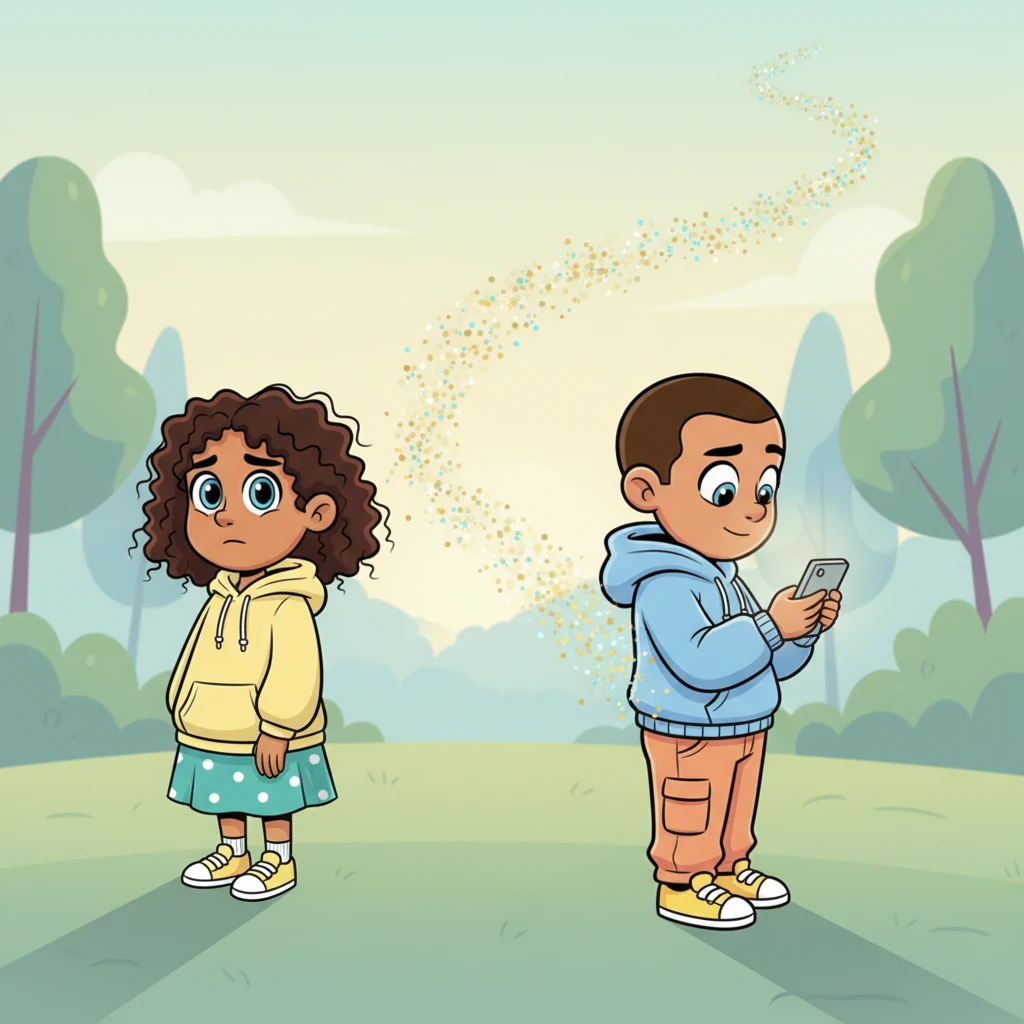 Lena stands slightly apart, her shoulders slumping just a little, watching Daniel engage with his phone, his back partially turned to her. A faint, shimmering path stretches from Daniel towards an unseen direction, symbolizing the growing connection elsewhere. Lena's once bright attire now appears a shade dimmer, reflecting her quiet retreat.