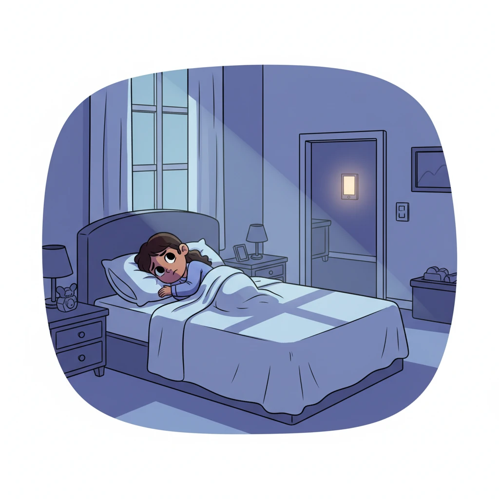 Lena lies alone in her bed, a small, solitary figure under a moonlit window, her face etched with a quiet sadness. Daniel's side of the bed is perfectly made, starkly empty, emphasizing his absence. A distant, glowing phone light from another room casts a long, lonely shadow.