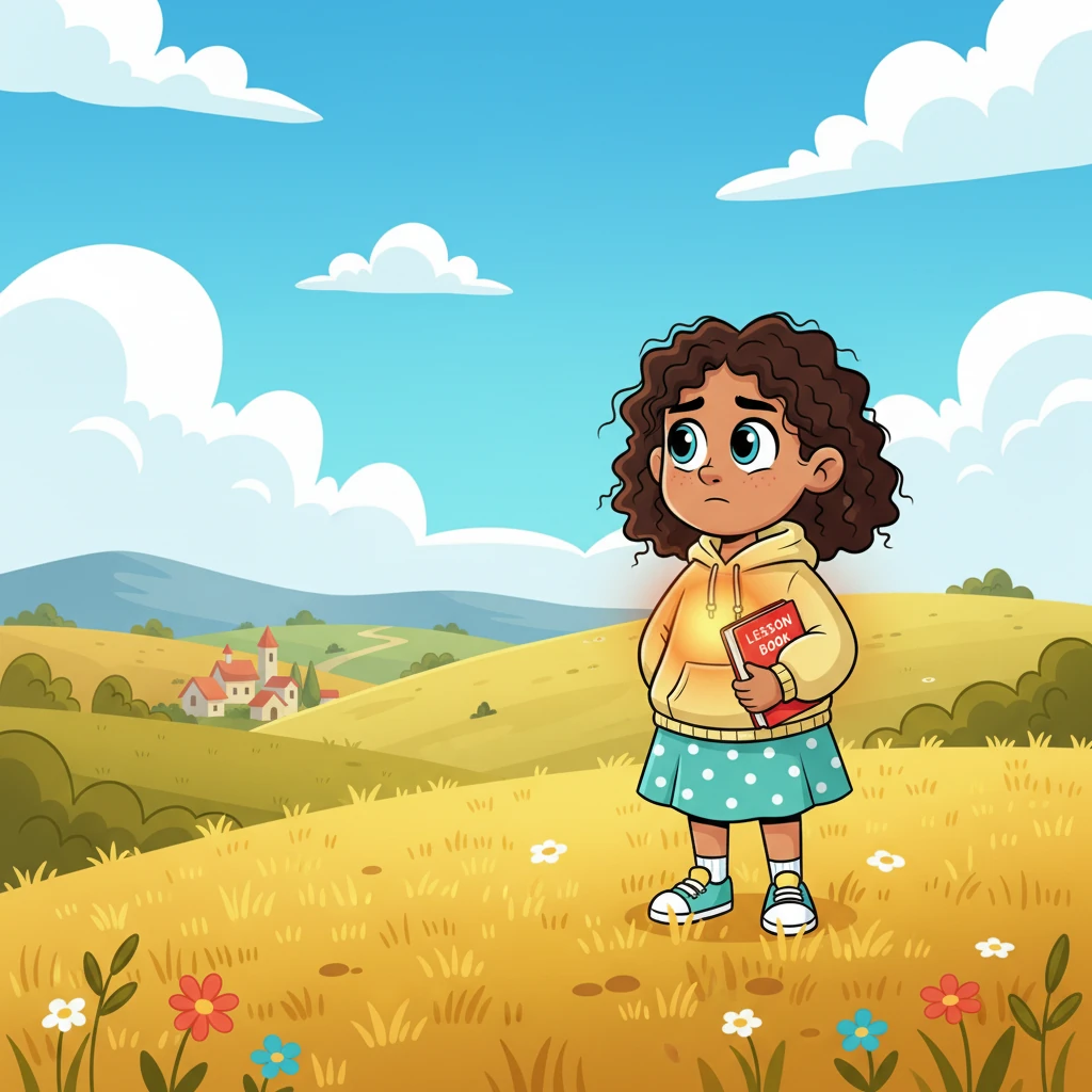 Lena stands on a sun-drenched hill, looking out at a vast, open landscape, her posture showing newfound resolve. Though her eyes still hold a hint of sorrow, a subtle inner glow radiates from her, symbolizing strength and lessons learned. She carries a small, symbolic "Lesson Book" tucked under her arm, ready for a new chapter.