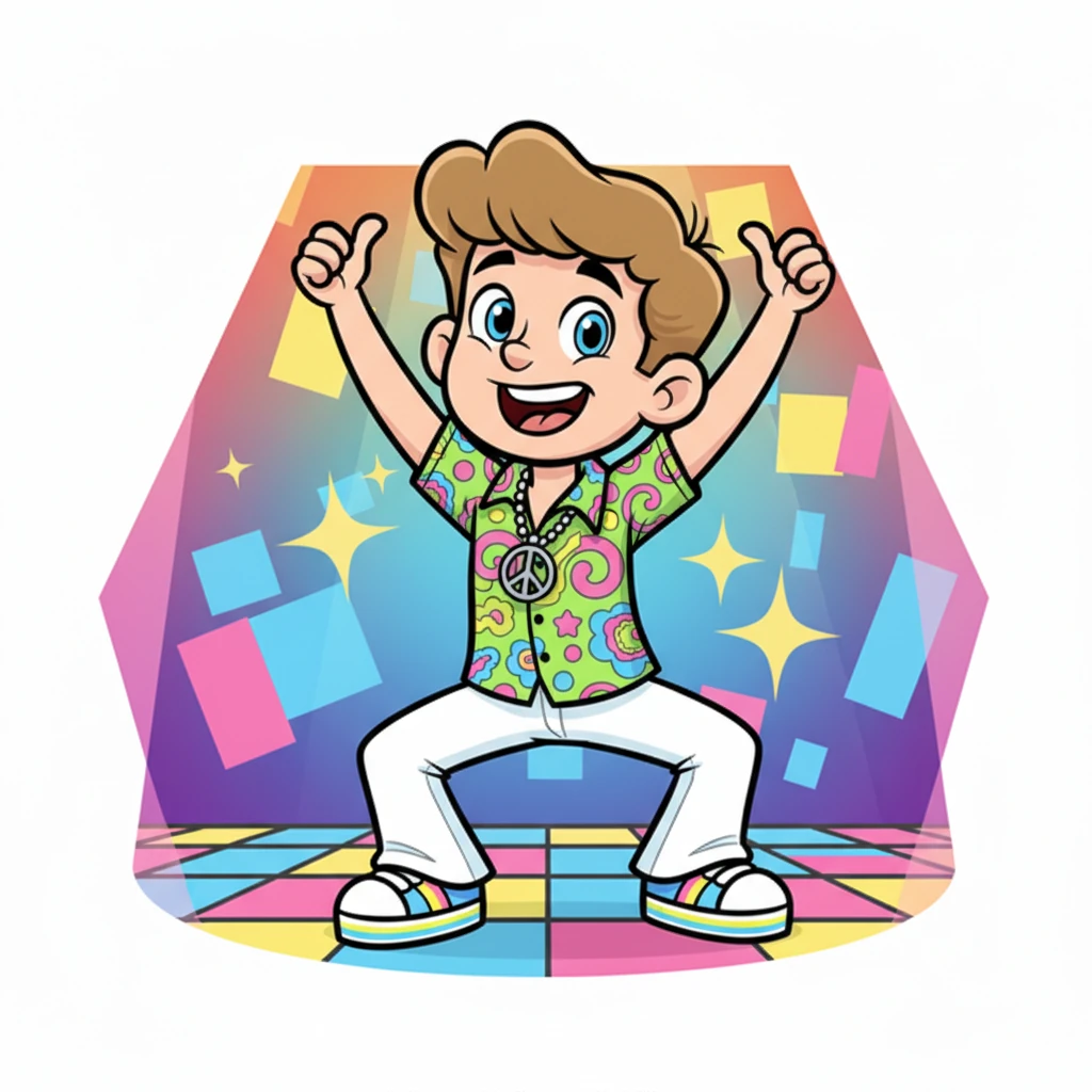 Ten-year-old Leo, full of boundless energy, launches into a spectacular disco bump dance. His arms are up, his knees are bending, and a huge grin stretches across his face. He's a whirlwind of happy motion, ready to light up the room with his moves.