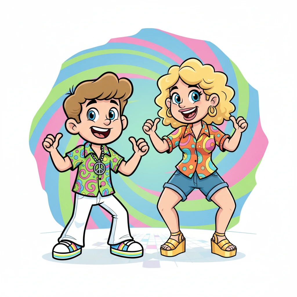 Leo's amazing mom, dressed in a fabulous 70s patterned shirt, cool Bermuda shorts, and snazzy wedges, steps right into the groove. She mirrors Leo's moves with her own joyful flair, her eyes twinkling. Together, they create a wonderfully goofy and synchronized dance.