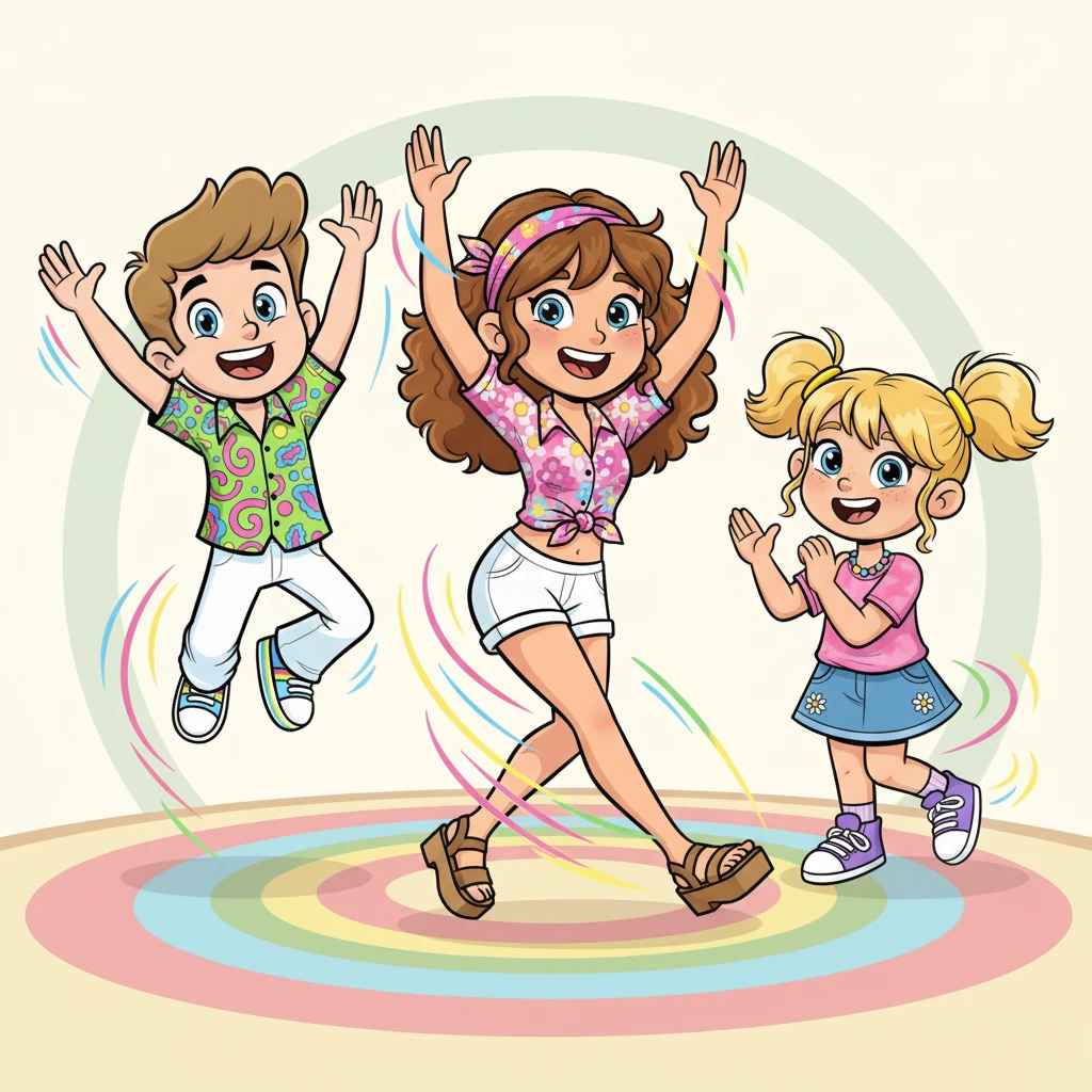 Leo’s kind older sister, looking super cool in her button-up shirt tied at the midriff, white hotpants, and sandals, slides into the dance party. Her movements are graceful and fun, adding another layer of fantastic energy. Now, all three family members are a vibrant blur of motion.