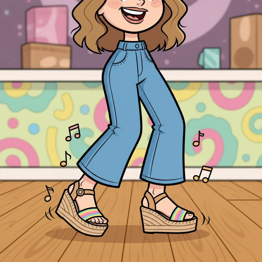 The camera zooms in on Mom's feet, now irresistibly tapping to the beat. Her wedges provide a subtle, rhythmic percussion against the floor. A warm, knowing smile spreads across her face as the music takes hold.