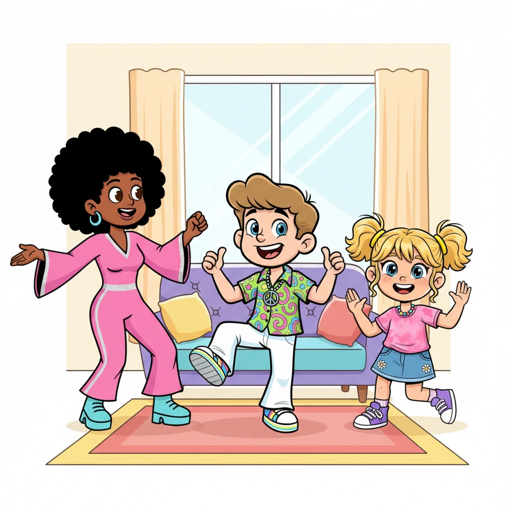 Unable to resist any longer, Mom and Sister spring up from the sofa, their energy renewed. They seamlessly join Leo, forming an impromptu dance line right in the middle of the living room. Their movements are fluid and full of shared laughter.
