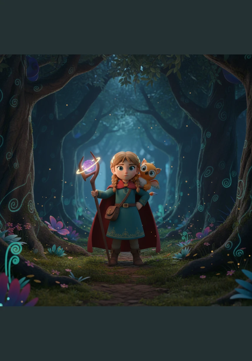 Their journey led them into the Whispering Woods, where the giant trees had silver leaves that tinkled like bells in the wind. The air was thick with the scent of pine and ancient magic as they searched for the hidden path.