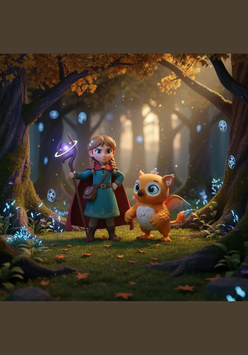 A wise old owl with spectacles perched on a low branch, blocking their way with a riddle about the moon and the sea. Elara listened carefully and answered with a smile, earning a map that pointed toward the Deep Blue Caves.