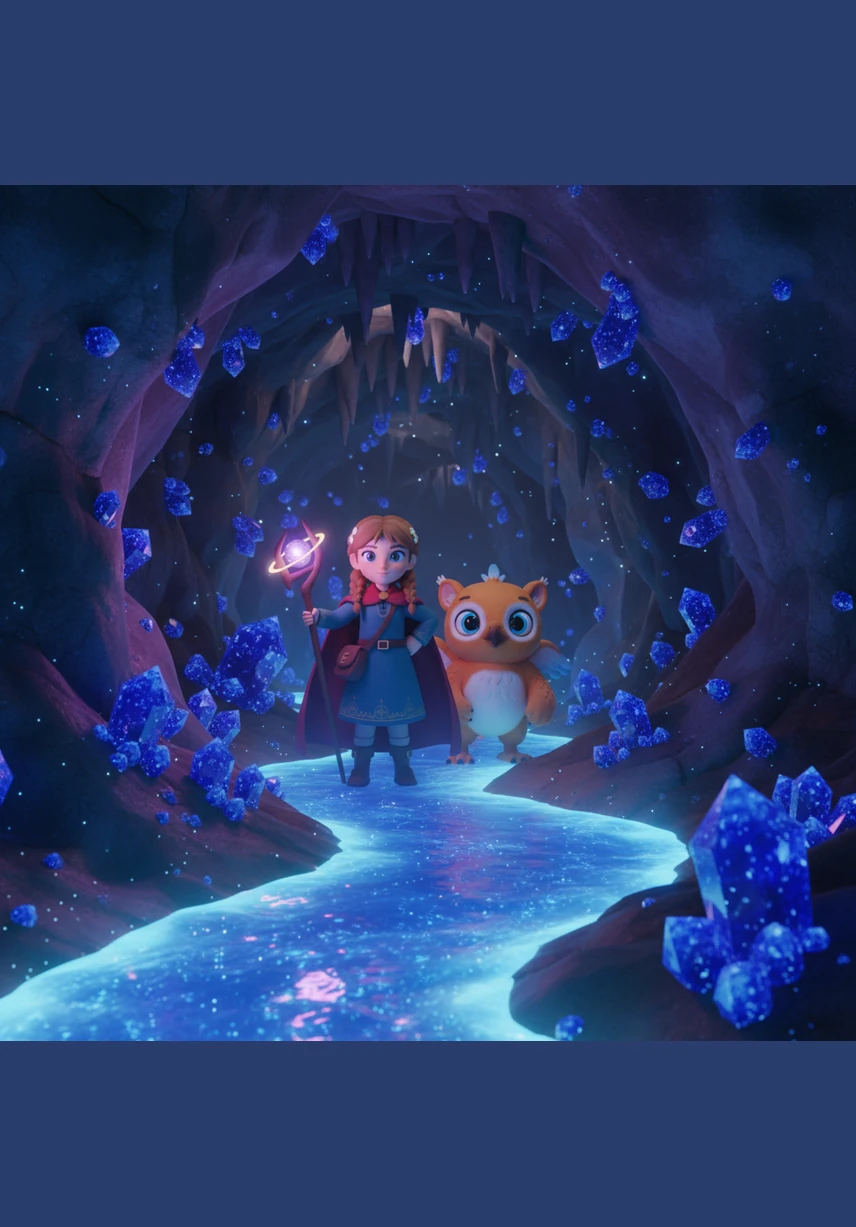 Inside the caves, the walls were lined with sapphires that shimmered in the dark, reflecting a river of liquid starlight flowing through the cavern. Elara and Pip followed the glowing water deeper into the heart of the mountain.