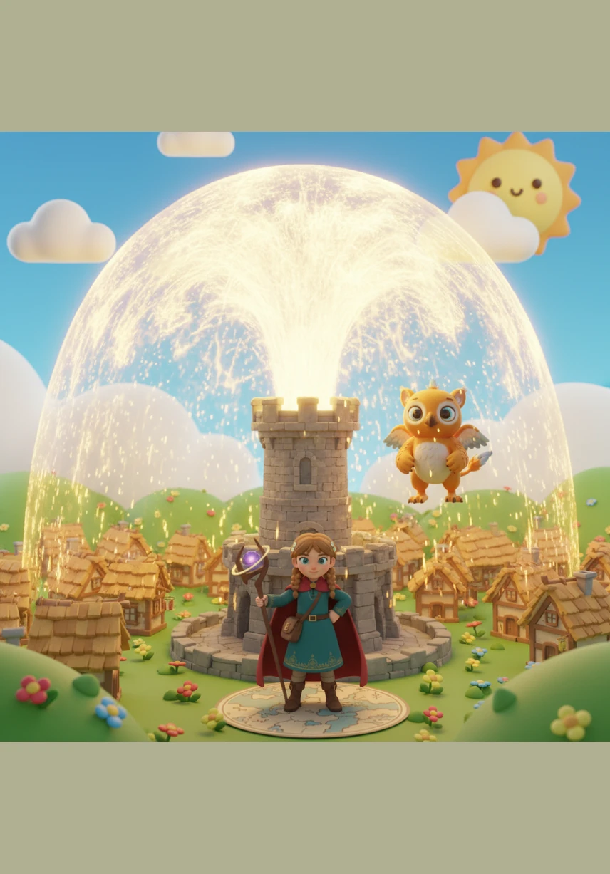 A wave of pure, golden light erupted from the tower, surging through the kingdom and lifting it safely back into the heavens. The people cheered as the Sky Crystals shone brighter than ever, and Elara looked out over her home, knowing their adventure was just the beginning.