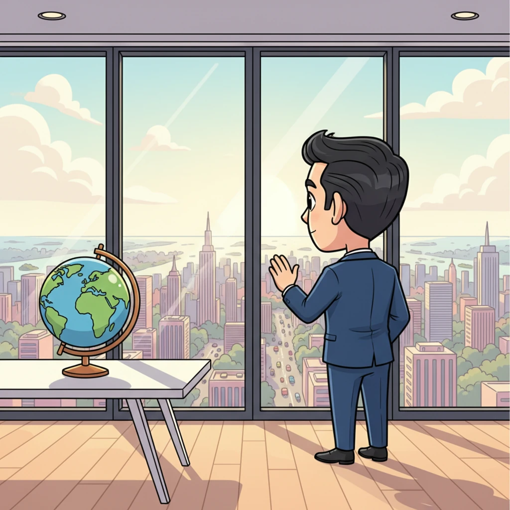 Alexander Vance, a sharp-suited CEO, stands tall in his gleaming penthouse office, overlooking a bustling cityscape that stretches to the horizon. His dark hair is perfectly coiffed, and his piercing blue eyes, usually focused on spreadsheets, now gaze thoughtfully out the window. A playful, oversized globe spins gently on his desk, reflecting the morning light, hinting at his vast, yet perhaps solitary, world. He carries an air of quiet ambition, but a subtle longing for something more.