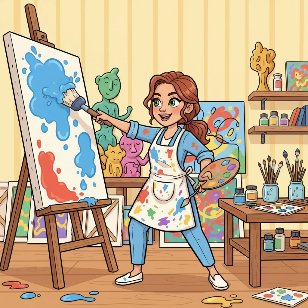 In stark contrast, Clara Bellwether's art studio is a riot of color and joyous chaos, paint splatters adorning every surface, including her cheerful smock. Her auburn hair is tied back loosely, framing expressive green eyes that sparkle with creative fire as she energetically splashes paint onto a gigantic canvas. Playful brushes dance in her hand, and whimsical sculptures peek from behind half-finished masterpieces, creating an atmosphere of unbridled artistic freedom. She embodies vibrant passion and a world rich with imagination.