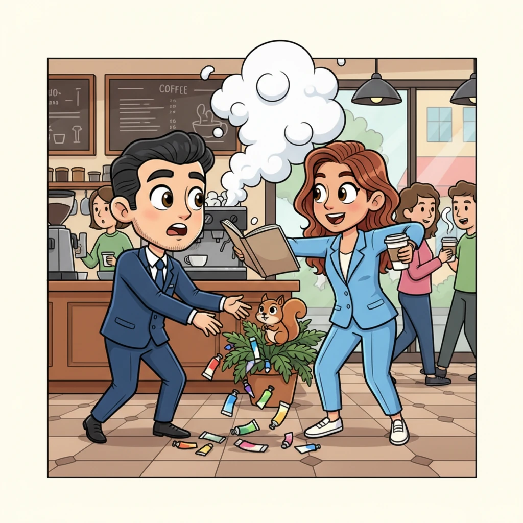 The two worlds collide at a bustling downtown coffee shop, a vibrant scene filled with exaggerated steam from espresso machines and a flurry of customers. Alexander, meticulously dressed, bumps into Clara, who is gracefully juggling an oversized sketchbook and a takeout coffee, sending a cascade of colorful paint tubes tumbling to the floor. Their eyes meet in a moment of playful surprise, a comical mix of apology and fascination flickering between them amidst the scattered art supplies. A tiny, curious squirrel peeks from a nearby potted plant, adding to the whimsical charm.