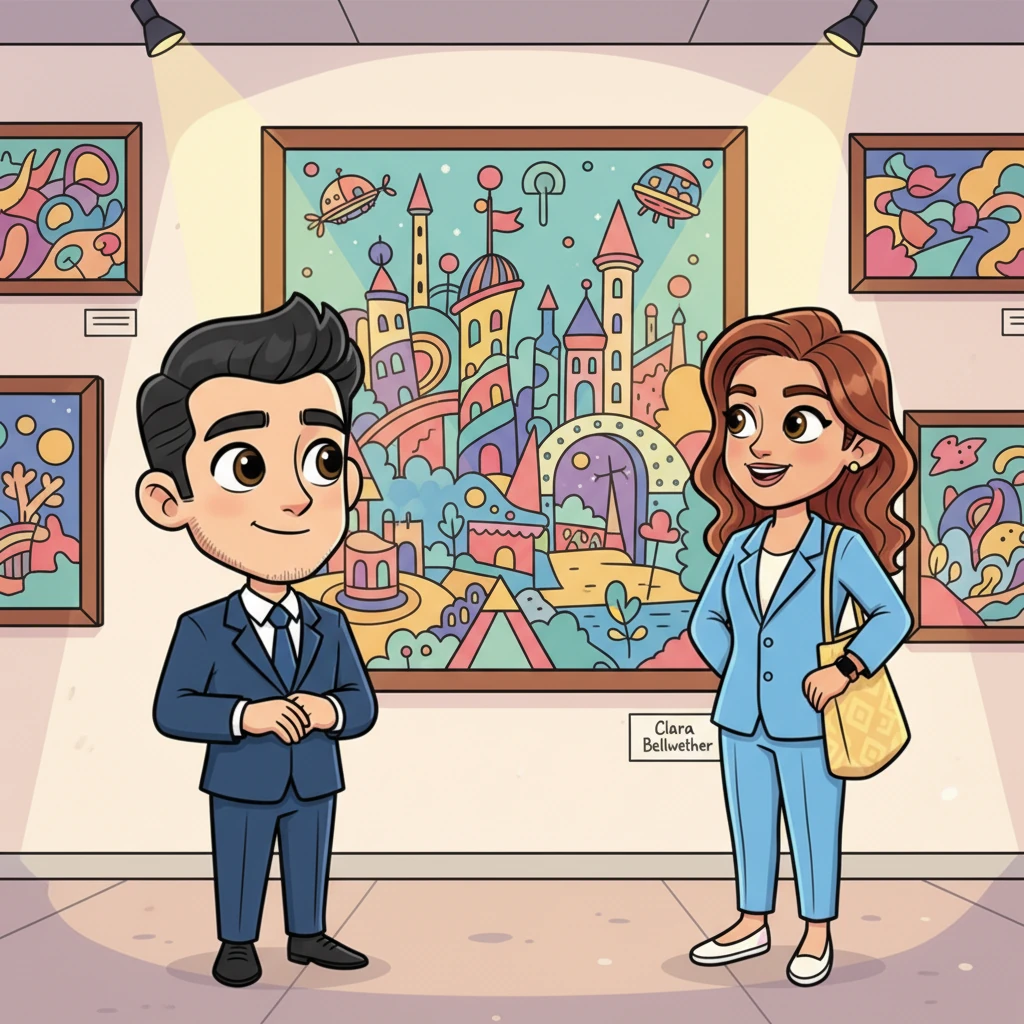 Intrigued, Alexander finds himself drawn to a vibrant art gallery opening later that week, a place he'd never typically visit. He discovers Clara's name beside a breathtaking, large-scale painting of a fantastical city, bursting with color and imagination. His usually stoic face softens into a look of genuine admiration as he gazes at the artwork, seeing a reflection of the creative spirit he'd glimpsed in her eyes. The gallery itself is a kaleidoscope of bold shapes and bright lights, making the art pop.