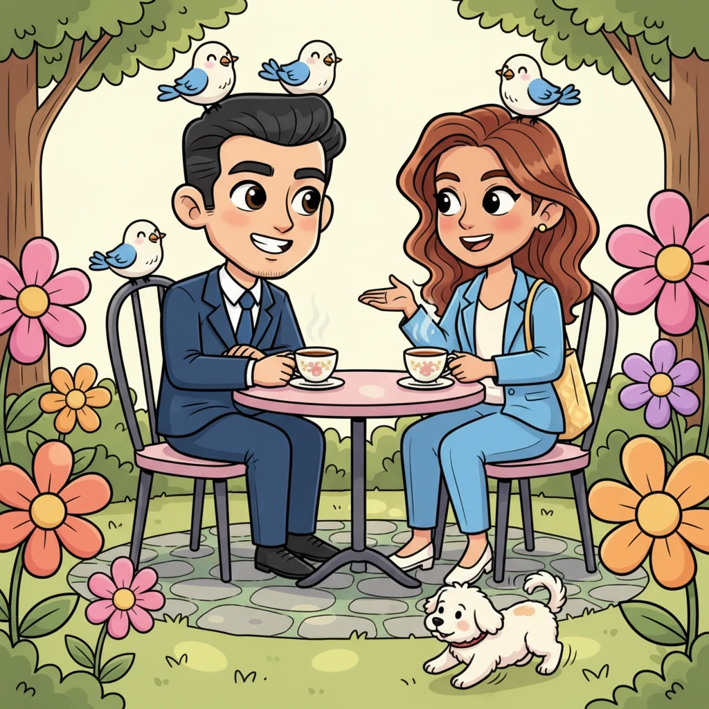 A week later, Alexander manages to arrange a meeting with Clara, ostensibly to discuss a potential commission for his office. They sit in a charming, sun-dappled park cafe, surrounded by exaggeratedly blooming flowers and cheerful birds. Their conversation flows easily, punctuated by Clara's animated gestures and Alexander's surprisingly warm smiles, revealing a shared appreciation for beauty and a budding connection despite their different worlds. A playful little dog chases its tail nearby, adding to the lighthearted atmosphere.