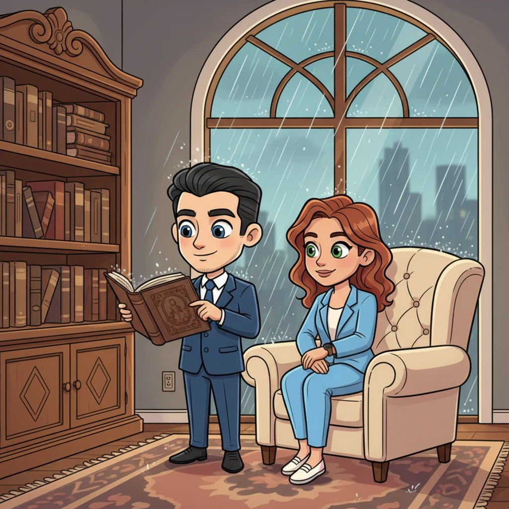 During a particularly rainy afternoon, Alexander invites Clara to his penthouse, not for business, but to share a quiet moment away from the city's hustle. He shows her a hidden collection of old, cherished books, revealing a side of himself rarely seen, his blue eyes reflecting a touch of vulnerability. Clara, perched comfortably on an oversized, plush armchair, listens with genuine interest, her green eyes warm and understanding, appreciating the quiet depth beneath his polished exterior. Raindrops playfully bounce off the huge windows, creating a soothing rhythm.