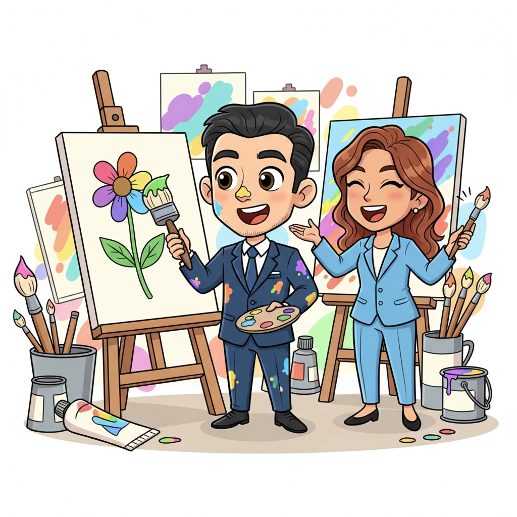 Their connection deepens as Clara introduces Alexander to her world of playful creation. They spend a joyful afternoon in her studio, Alexander gamely attempting to paint a whimsical, lopsided flower under Clara's enthusiastic guidance, getting a playful smudge of paint on his nose. Laughter echoes through the colorful space as they playfully chase each other with paintbrushes, surrounded by vibrant, exaggerated art supplies and a sense of pure, uninhibited fun. Their hands, once so different, now work together, creating something new and beautiful.