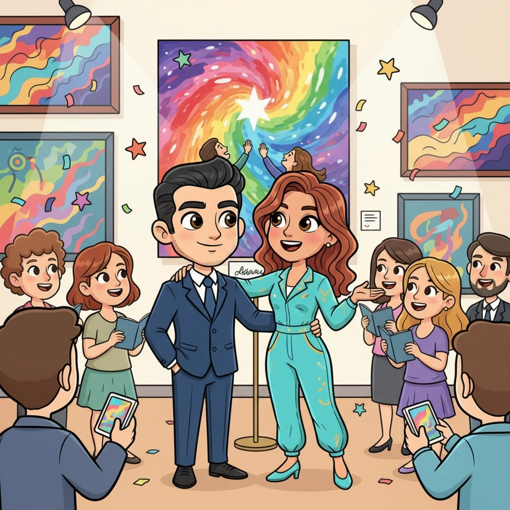 Months later, Alexander stands proudly beside Clara at her most successful gallery opening yet, his arm gently around her as she beams amidst her adoring fans. Her latest masterpiece, a vibrant depiction of two figures reaching for a shared, colorful star, clearly inspired by their journey, takes center stage. Their eyes meet, full of love and mutual respect, their once separate worlds now beautifully intertwined, a testament to an unexpected love story that painted their lives with joy. Confetti-like stars playfully float around the gallery, celebrating their happiness.