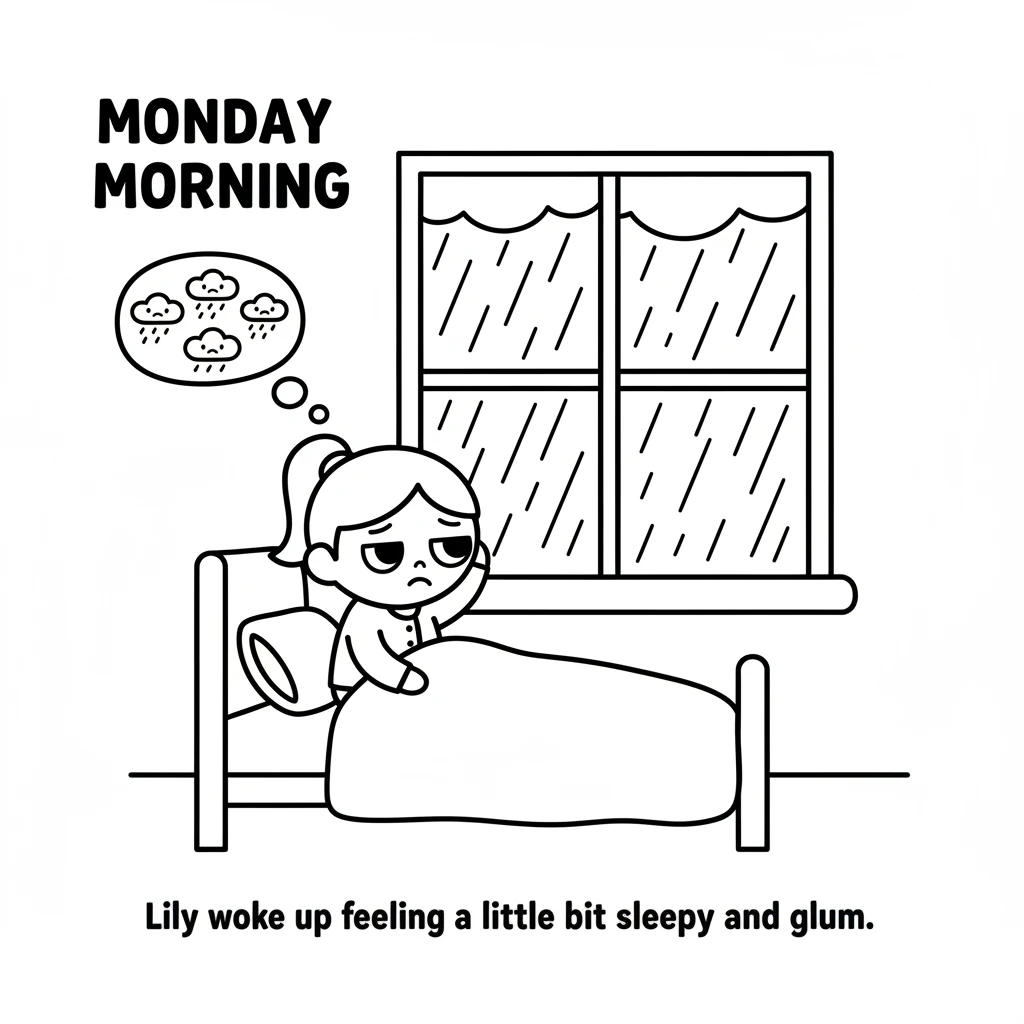 Lily woke up on Monday morning feeling a little bit sleepy and glum. The sky outside her window looked gray and drizzly. Mondays sometimes felt like t