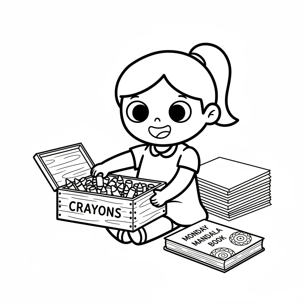 Then, Lily remembered her special box of crayons and a stack of white paper. Inside, she also had her 'Monday Mandala' book, full of simple patterns t