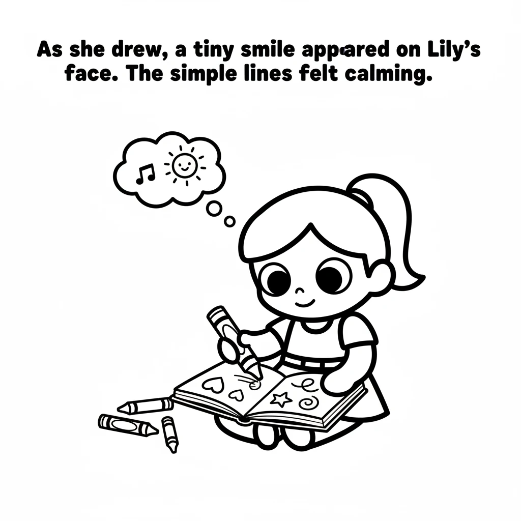 As she drew, a tiny smile appeared on Lily's face. The simple lines and shapes felt calming and fun. Her glum feelings began to melt away.