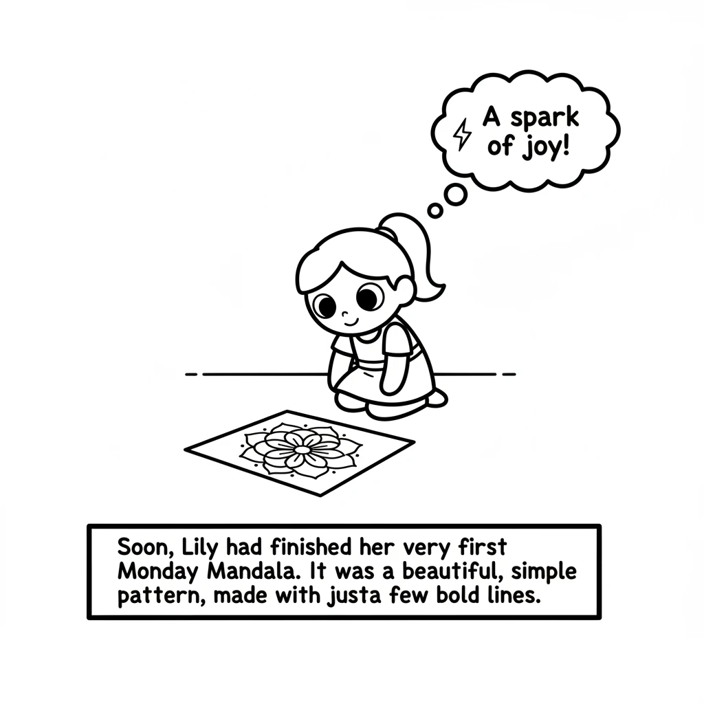 Soon, Lily had finished her very first Monday Mandala. It was a beautiful, simple pattern, made with just a few bold lines. She felt a little spark of
