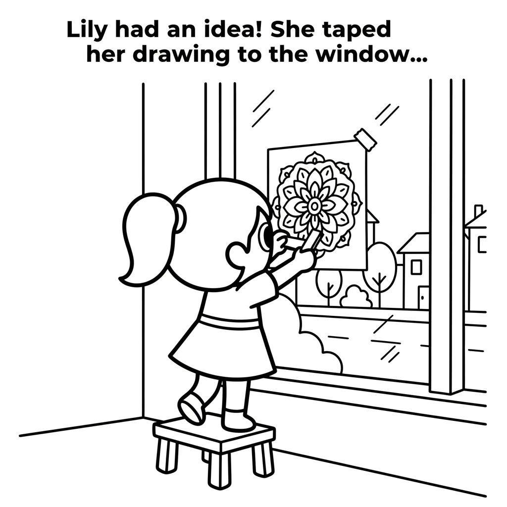 Lily looked at her finished mandala and had an idea. She carefully taped her drawing to her window, right where everyone could see it from the street.