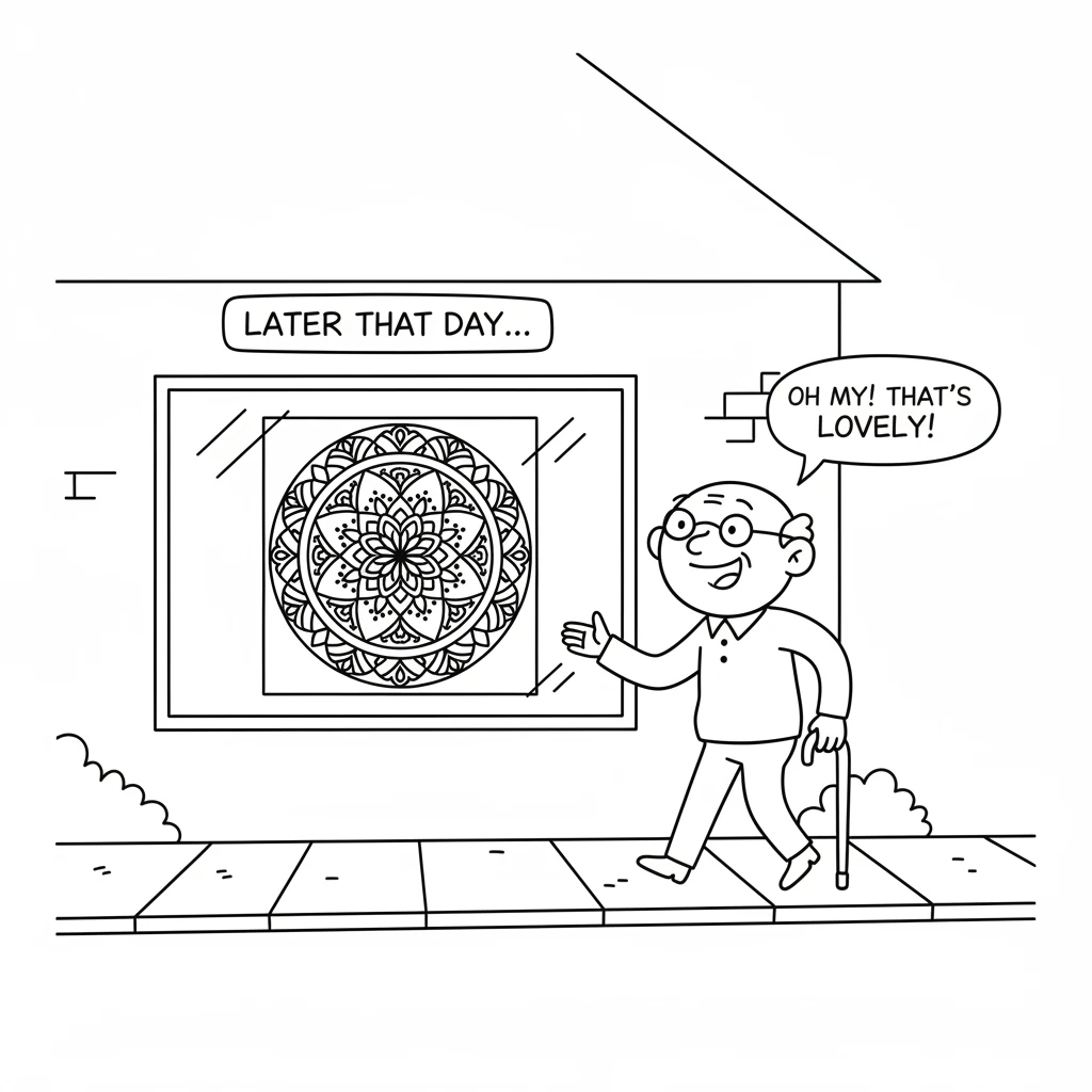 Later that day, an older neighbor, Mr. Putter, walked past Lily's house. He saw the bright mandala in the window and a smile spread across his face.