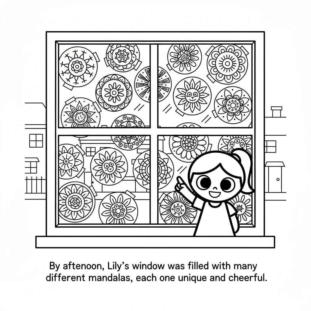 By afternoon, Lily's window was filled with many different mandalas, each one unique and cheerful. They looked like little suns shining on the street.