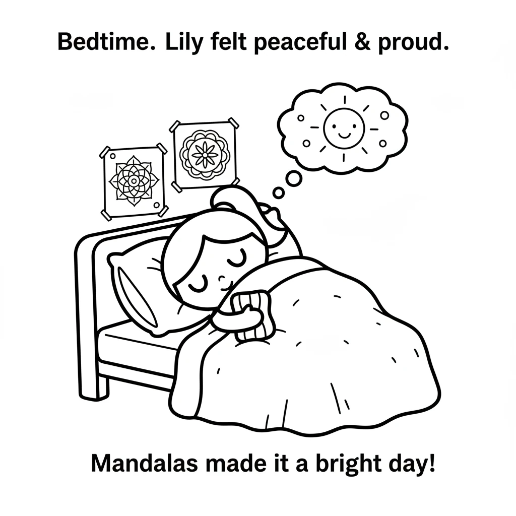 When bedtime came, Lily snuggled into her bed, feeling peaceful and proud. Monday had started gray, but her mandalas had made it a truly bright and wo
